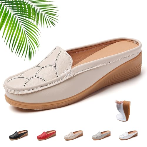 ZPLMIDE Damen Slip-On Leder Pantoletten PU Leder Clogs für Frauen Slip-on Weiche Leder Slipper Mokassins Damen Rückenfrei Loafer, beige, 0 UK von ZPLMIDE