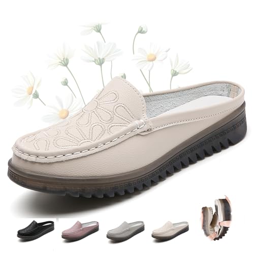 ZPLMIDE Damen Slip-On Leder Pantoletten PU Leder Clogs für Frauen Slip-on Weiche Leder Slipper Mokassins Damen Rückenfrei Loafer, beige, 0 UK von ZPLMIDE