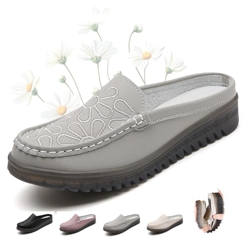 ZPLMIDE Damen Slip-On Leder Pantoletten PU Leder Clogs für Frauen Slip-on Weiche Leder Slipper Mokassins Damen Rückenfrei Loafer, grau, 0 UK von ZPLMIDE