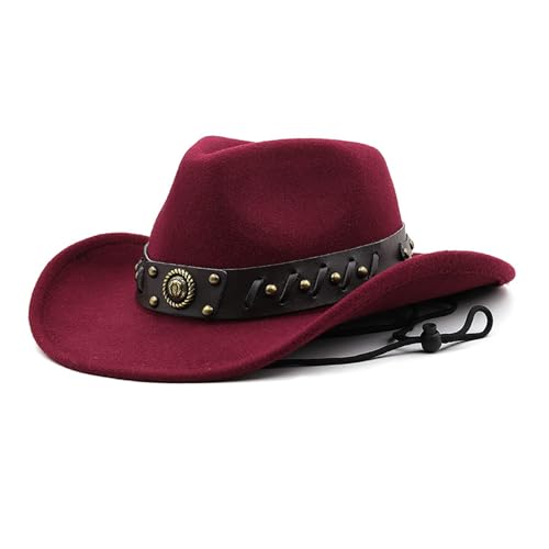 ZPLMIDE Gentleman Leder Schnalle Hut, Wolle Jazz Hut Ethnische Herbst und Winter Filzhut Big Traufe Western Cowboyhut für Damen und Herren, weinrot, M(56/58 cm) von ZPLMIDE