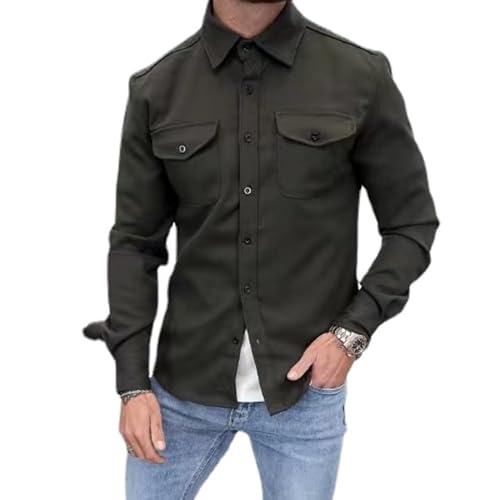 ZPLMIDE Herren Button Down Hemdjacke Casual Brushed Hemd Slim Fit Langarm Arbeitsmantel Button Down Overshirt für Männer, armee-grün, L von ZPLMIDE