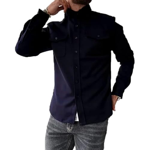 ZPLMIDE Herren Button Down Hemdjacke Casual Brushed Hemd Slim Fit Langarm Arbeitsmantel Button Down Overshirt für Männer, navy, XL von ZPLMIDE