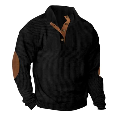 ZPLMIDE Men Button Henley Neck Corduroy Sweatshirt, Men Casual Essentials Stand Collar Corduroy Shirts Long Sleeve Pullover (Black,XL) von ZPLMIDE