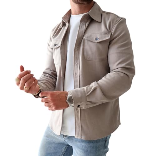 ZPLMIDE Men's Button Down Shirt Jacket, Casual Brushed Shirt Slim-Fit Long-Sleeve Work Coat Button Down Overshirt for Men (Apricot,XL) von ZPLMIDE