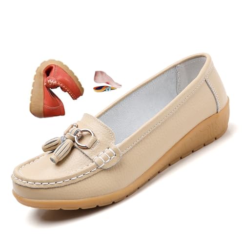 ZPLMIDE Orthopädische Damen-Slipper aus atmungsaktivem Leder, breite Passform, Leder-Loafers, klassische Mokassins, Keilabsätze, lässige Schlupfschuhe, Wanderschuhe von ZPLMIDE