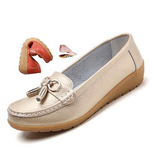 ZPLMIDE Orthopädische Damen-Slipper aus atmungsaktivem Leder, breite Passform, Leder-Loafers, klassische Mokassins, Keilabsätze, lässige Schlupfschuhe, Wanderschuhe von ZPLMIDE