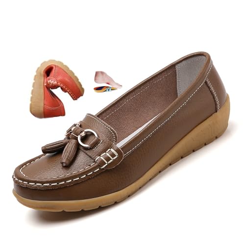 ZPLMIDE Orthopädische Damen-Slipper aus atmungsaktivem Leder, breite Passform, Leder-Loafers, klassische Mokassins, Keilabsätze, lässige Schlupfschuhe, Wanderschuhe von ZPLMIDE