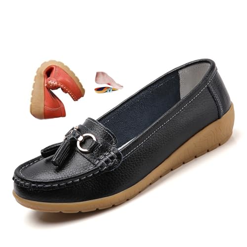 ZPLMIDE Orthopädische Damen-Slipper aus atmungsaktivem Leder, breite Passform, Leder-Loafers, klassische Mokassins, Keilabsätze, lässige Schlupfschuhe, Wanderschuhe von ZPLMIDE