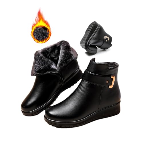 ZPLMIDE PU Leder Metall Schnalle Samt Stiefel, Winter rutschfeste Warme Runde Zehe Ältere Stiefel Frauen Bequeme Gepolsterte Baumwolle Schuhe, schwarz dick, 41. von ZPLMIDE