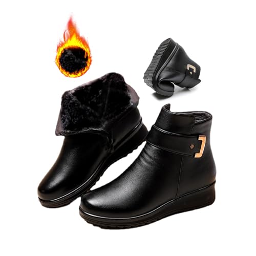 ZPLMIDE PU Leder Metall Schnalle Samt Stiefel, Winter rutschfeste Warme Runde Zehe Ältere Stiefel Frauen Bequeme Gepolsterte Baumwolle Schuhe, schwarz dünn, 38. von ZPLMIDE