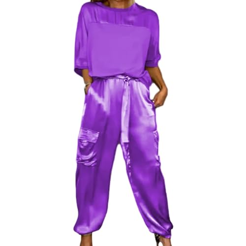 ZPLMIDE Set aus glattem Satin, halblange Ärmel, Oberteil und Hose, kurzärmeliges Hemd mit langer Pyjamahose, weiche Pyjamahose, Loungewear (Größe XL, Violett) von ZPLMIDE