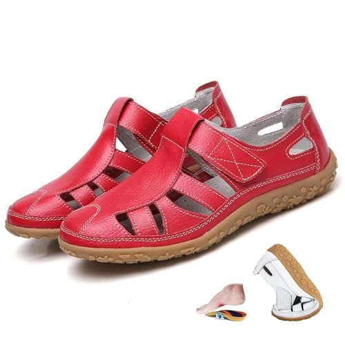 ZPLMIDE Women's Retro Arch Support Orthopedic Sandals, Ladies Closed Toe Sandals Soft Leather Fisherman Sandal Casual Walking Driving Shoes (Red,37EU) von ZPLMIDE