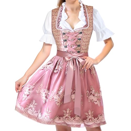 ZQEJEFD 3-Teilig Dirndl Damen Midi Trachtenkleid, Dirndl-Komplettsets inkl. Trachtenrock Dirndlbluse Dirndlschürze, Trachtenkleid Trachtenrock Trachtenmode Trachten Kleid für Oktoberfest (Rosa, M) von ZQEJEFD