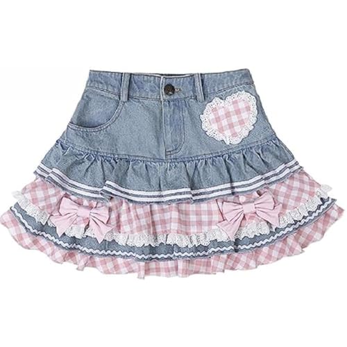 ZQHXL Adrette Lolita-Kawaii-Röcke für Damen, süßes Ballkleid, Jeansrock, Y2K, hohe Taille, Spitzen-Kuchenröcke, blau, S ZQHXL Adrette Lolita-Kawaii-Röcke für Damen, süßes Ballkleid, Jeansrock, Y2K, hohe Taille, Spitzen-Kuchenröcke, blau, S von ZQHXL
