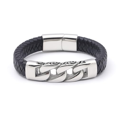 ZQIUDLOF Europa Und Die Vereinigten Staaten Edelstahl Cuban Kette Vintage Armbänder, Herren Handgewebte Personalisierte Lederarmbänder,Schwarz,18cm von ZQIUDLOF