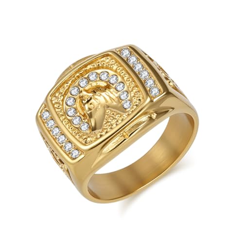ZQIUDLOF Europäischer Und Amerikanischer Hip-Hop Pferdekopf Edelstahlring, Punk Herren Zirkonring,Gold,10 von ZQIUDLOF