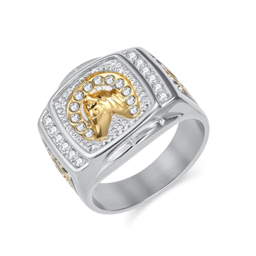 ZQIUDLOF Europäischer Und Amerikanischer Hip-Hop Pferdekopf Edelstahlring, Punk Herren Zirkonring,Silber,13 von ZQIUDLOF