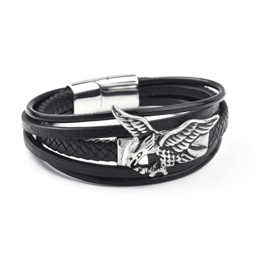 ZQIUDLOF Europäisches Und Amerikanisches Retro Edelstahl Lederarmband, Gothic Herren Dominantes Mehrschichtiges Leder Gewebtes Armband,21cm von ZQIUDLOF