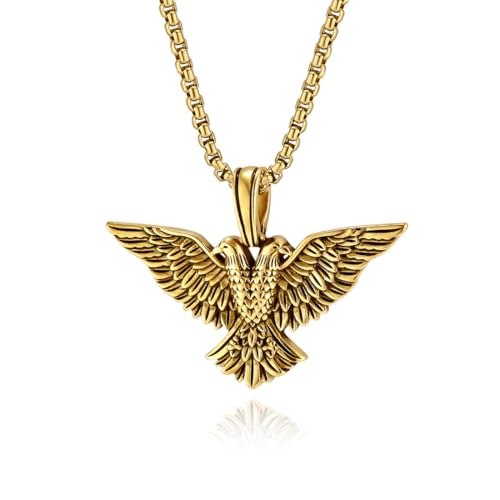 ZQIUDLOF Gothic Doppeladler Titan Stahl Halskette Anhänger, Europa Und Den Vereinigten Staaten Männer Personalisierte Edelstahl Pullover Kette,Gold pendant + chain 70 cm von ZQIUDLOF