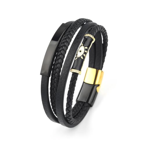 ZQIUDLOF Mehrschicht Gewebt Edelstahl Lederarmband, Motorrad Herren Horus Eye Armband,Schwarz,18cm von ZQIUDLOF