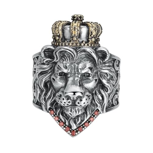 ZQIUDLOF S925 Sterling Silber Crown Lion Ring, Gothic Herren Bully Löwe Kopf Offenes Ende Verstellbaren Ring,Silber,13 von ZQIUDLOF