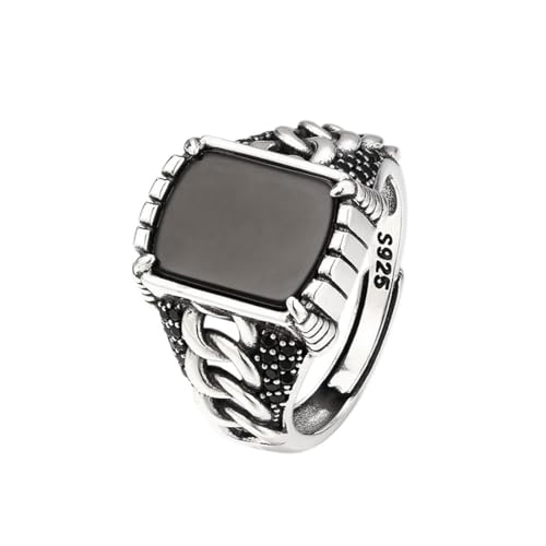 ZQIUDLOF S925 Sterling Silber Kette Schwarzer Onyx Ring, Männer Und Frauen Offen Einstellbar Zirkoniumdioxid Skelett Ring,Silber,8 von ZQIUDLOF