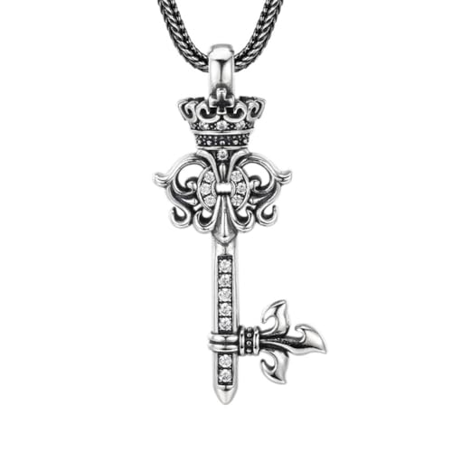 ZQIUDLOF S925 Sterling Silber Krone Zirkonia Schlüsselanhänger, Männer Und Frauen Personalisierte Retro Krone Halskette Anhänger,Silber,Pendant + Chain 65cm von ZQIUDLOF