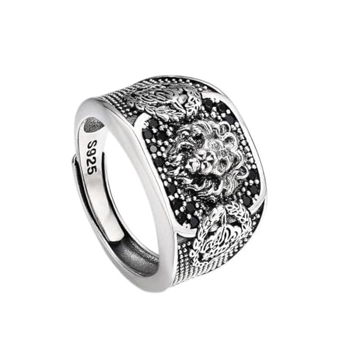 ZQIUDLOF S925 Sterling Silber Löwenkopf Krone Ring, Offen Und Einstellbar Herren Zirkonia Löwenkopf Ring,Silber,10 von ZQIUDLOF