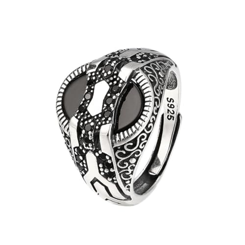 ZQIUDLOF S925 Sterling Silber Personalisierte Schwarze Edelstein Ring, Männer Und Frauen Tangleweed Onyx Open End Verstellbaren Ring,Silber,12 von ZQIUDLOF