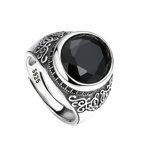 ZQIUDLOF S925 Sterling Silber Rund Schwarzen Edelstein Ring, Punk Männer Und Frauen Modische Verlobungsring,Silber,13 von ZQIUDLOF
