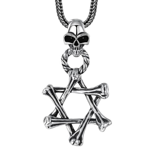 ZQIUDLOF S925 Sterling Silber Schädel Hexagramm Halskette Anhänger, Männer Und Frauen Schädel Hexagramm Anhänger,Silber,Pendant + Chain 60cm von ZQIUDLOF