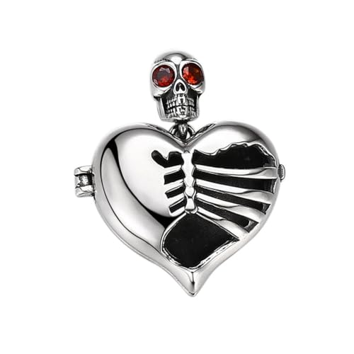 ZQIUDLOF S925 Sterling Silber Totenkopf Herz Halskette Anhänger, Openable Gothic Totenkopf Anhänger Für Männer Und Frauen,Silber,Pendant + Chain 55cm von ZQIUDLOF