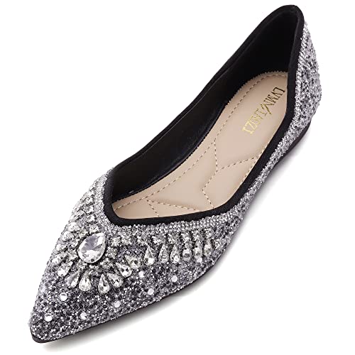 ZQKSEOHS Flache Schuhe für Damen, Strass, Pailletten, Hochzeit, spitzer Zehenbereich, Kleid, flache Schuhe, bequeme flache Schuhe für Damen, elegant, A-Schwarz, 35.5 EU von ZQKSEOHS