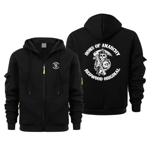 ZQSLFCCW Leichter Kapuzenpullover mit Reißverschluss für Herren - Pulloverjacke für Anarchy Sons aus weichem Fleece mit Kängurutasche Atmungsaktive bequeme Passform und Herbstkleidung(Black,XL) von ZQSLFCCW