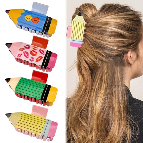 4-teiliges Lehrer-Haarspangen-Set – lustige Bleistiftförmige Klauen-Clips für Frauen | niedliches Schulhaar-Accessoire | Lehrer-Wertschätzung & Geschenk zum Schulanfang (4 Stile) von ZQTSANKESL