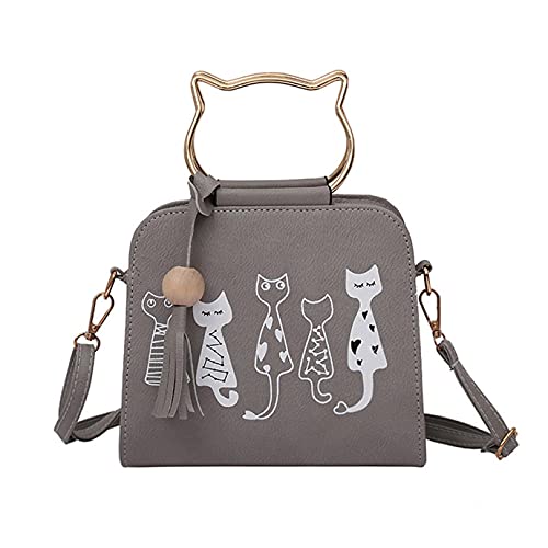 Tier Messenger Bag Frauen Handtaschen Katze Muster Schulter Umhängetasche Kosmetiktasche, Frauen Handtaschen Katzenmuster Schulter Umhängetasche mit Katzenmotiv-Quaste Mode Kulturtaschen (Grau) von ZQTWJ