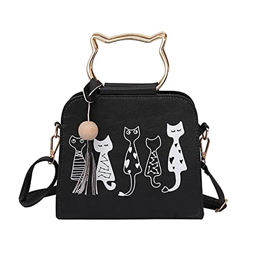 Tier Messenger Bag Frauen Handtaschen Katze Muster Schulter Umhängetasche Kosmetiktasche, Frauen Handtaschen Katzenmuster Schulter Umhängetasche mit Katzenmotiv-Quaste Mode Kulturtaschen (Schwarz) von ZQTWJ