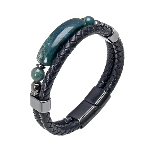 Lederarmband,Premium Lederarmband für Herren Natürlicher Tigerauge Stein Mehrlagig Handgefertigt Geflochten Punk-Armreif Geschenk für Jungen und Ihn Schmuckzubehör Grüner Stein 21 Cm von ZQYPENOZ