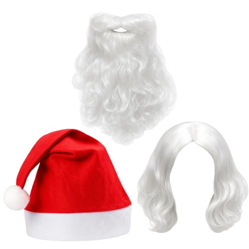 3-teiliges Set mit Weihnachtsmütze und Perücke, Weihnachtsmann-Kostüm-Zubehör für Weihnachten und Halloween, Cosplay, weiße Perücke mit falschem Bart für Männer und Frauen, geeignet für 3-teiliges Set mit Weihnachtsmütze und Perücke, Weihnachtsmann-Kostüm-Zubehör für Weihnachten und Halloween, Cosplay, weiße Perücke mit falschem Bart für Männer und Frauen, geeignet für von ZQuintuplian