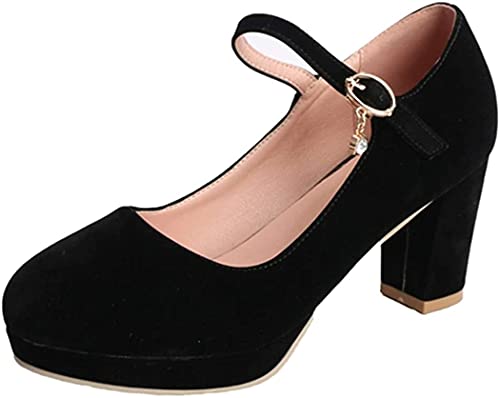 ZRDSZWZ Zuverlässige Damen Basic Pumps Retro Wildleder Knöchelriemen Plateau High Heels Elegant Runde Zehen Solide Farbe Kristall Schnalle Party Schuhe, Schwarz - Schwarz - Größe: 39 1/3 EU von ZRDSZWZ