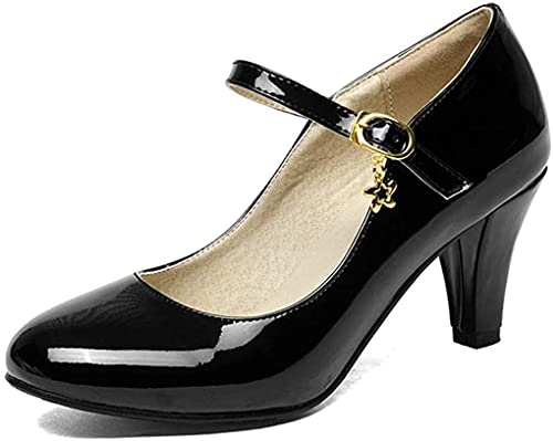 ZRDSZWZ Zuverlässige Damen Pumps Spitzer Zeh Lack Leder Schnalle Arbeitsschuhe 8cm Lackleder Offcie Knöchelriemen Basic High Heels, Schwarz - Schwarz - Größe: 36 EU von ZRDSZWZ