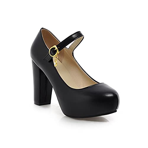 Zuverlässige Damen Basic Pumps Mode PU Leder Knöchelriemen Chunky High Heels Elegant Runde Zehen Schnalle Flache Mund Schuhe, Schwarz - Schwarz - Größe: 42.5 EU von ZRDSZWZ