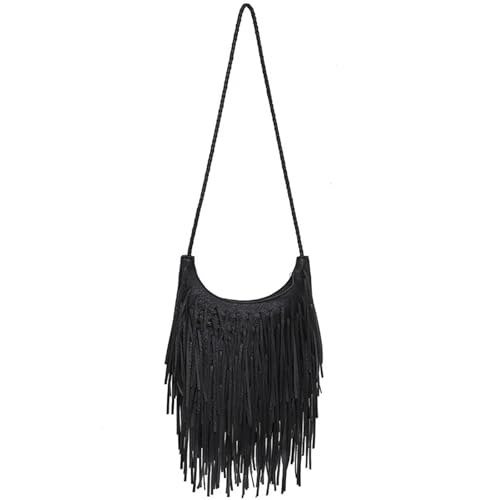 ZRHWSPD Kleine Handtasche Mit Quaste Damen Vintage Umhängetasche Verstellbarer Schultergurt Quaste(Black) von ZRHWSPD
