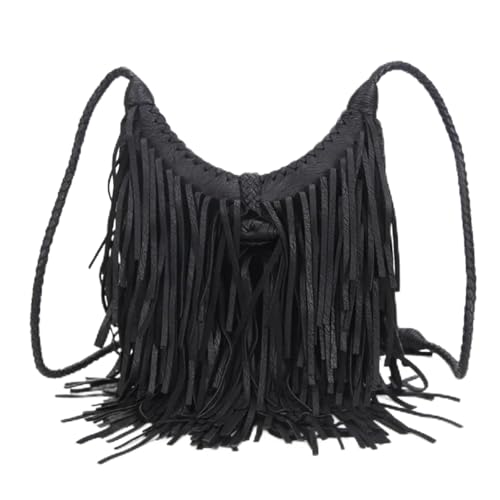 ZRHWSPD Kleine Handtasche Mit Quaste Quaste Damen Umhängetasche Vintage Handgewebte Handtasche(Black) von ZRHWSPD