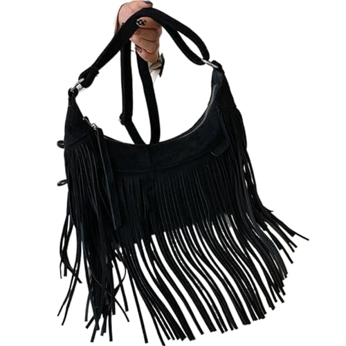 ZRHWSPD Kleine Handtasche Mit Quaste Umhängetasche mit Quaste, Vintage-Handtasche(Black) von ZRHWSPD