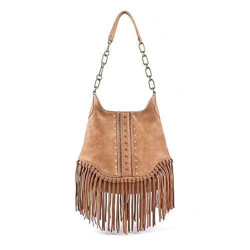 ZRHWSPD Kleine Handtasche Mit Quaste Vintage Damen Handtasche PU Leder Einkaufstasche Quaste Kette Umhängetasche(Brown) von ZRHWSPD