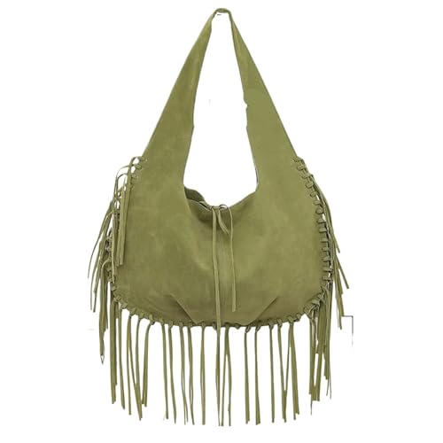 ZRHWSPD Kleine Handtasche Mit Quaste Vintage Quaste Damen Schultertasche Unterarmtasche Große Kapazität Handtasche(Green) von ZRHWSPD