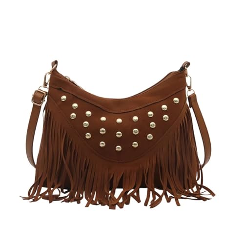 ZRHWSPD Kleine Handtasche Mit Quaste Vintage Quaste Umhängetasche Große Kapazität Damentasche(Brown) von ZRHWSPD