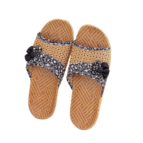 ZRHWSPD Strohpantoffeln Breathable Flower Non Slip Linen Shoes Bottom Home Slippers(Black,35-36) von ZRHWSPD