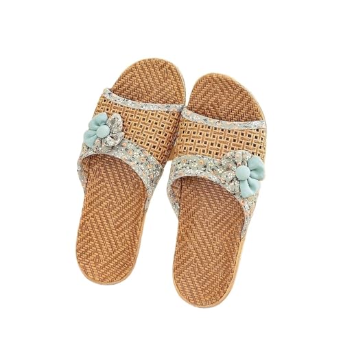 ZRHWSPD Strohpantoffeln Breathable Flower Non Slip Linen Shoes Bottom Home Slippers(Green,39-40) von ZRHWSPD